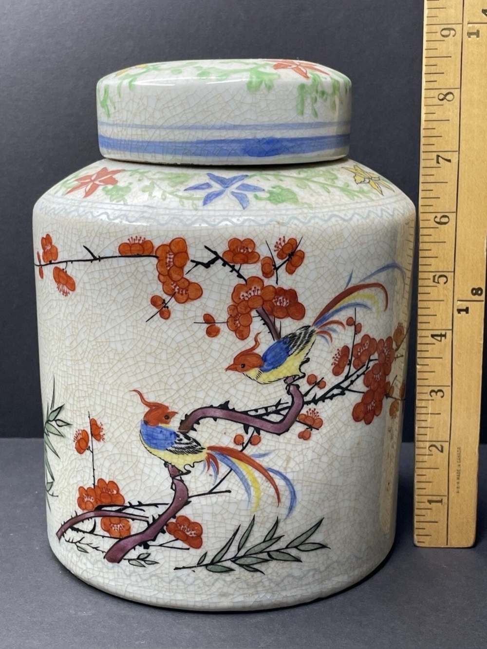 Antique 1880-1890s Japanese Japan Porcelain Ginger Jar Rose Blossoms Craquelure